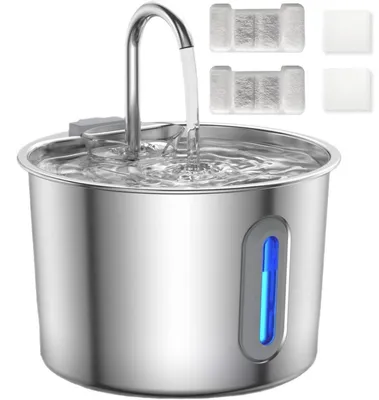 Image de Fontaine à eau pour chats en acier inoxydable, 2,2 litres | Fontaine à eau ultra-silencieuse avec indicateur de niveau d'eau, 3 filtres et éclairage LED