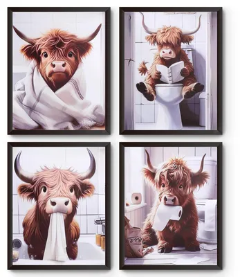 4 Highland-Cow-Wandbilder 25×20 cm, wasserdichtes Canvas, ohne Rahmen