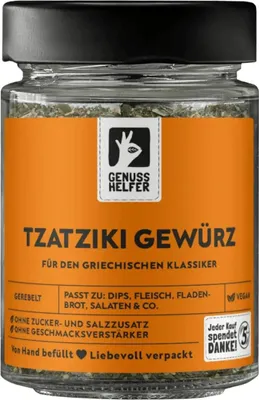 Produktbild von Tzatziki Gewürzmischung, gerebelt, leckeres Gewürz für authentisches Tzatziki, aromatisches Quark und Joghurt Gewürz, 60g im Glas