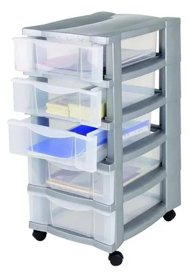 Produktbild von Jelenia Plast Rollcontainer mit 5 Schubladen | Bürocontainer aus 100% recycelbarem Kunststoff | mobiler Rollwagen mit Rollen | Schubladenschrank 30x66x40 cm | ideal für Büro & Kinderzimmer