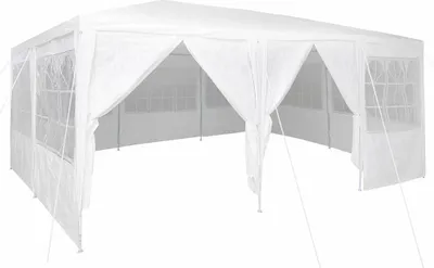 A white party tent with windows and draped entrances, set against a white background.