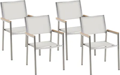 Produktbild von BELIANI Gartenstühle 4er Set Silber Textilbespannung Weiß mit Armlehnen aus Polyester Edelstahl Kunstholz Terrasse Outdoor Modernes Design
