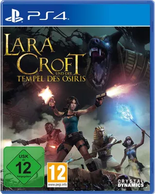 The image shows the game box art for Lara Croft and the Temple of Osiris on PS4. It features Lara Croft and other characters in an action pose with Egyptian-themed imagery in the background.