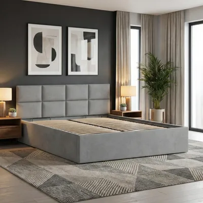 Produktbild von Polsterbett BORGO 160x200 mit Holzlattenrost, Doppelbett ohne Bettkasten, stabiles Bettgestell Grau Samt