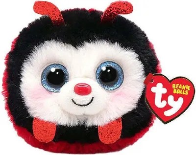 A close-up studio shot of a ladybug plush toy with a red heart-shaped tag attached.