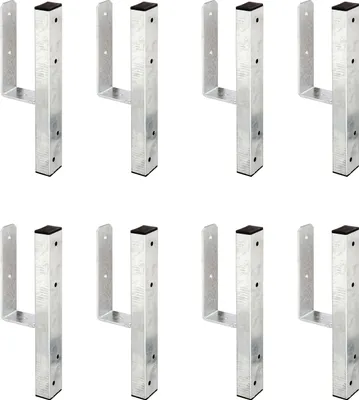 Eight U-shaped post anchors are arranged in two rows of four on a white background.