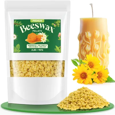 Image de Pastilles de cire d'abeille - 100% cire jaune pure et naturelle - Idéales pour la fabrication de produits cosmétiques, de bougies, de baumes à lèvres et de lotions - 907g