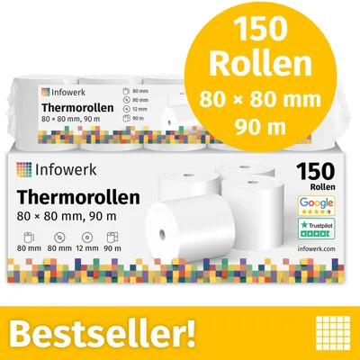 Produktbild von NEU: Infowerk Thermorollen / Kassenrollen, 150 Rollen, 80mm x 80mm x 12mm, 90m, , PEFC , für EPSON, IBM u.v.m