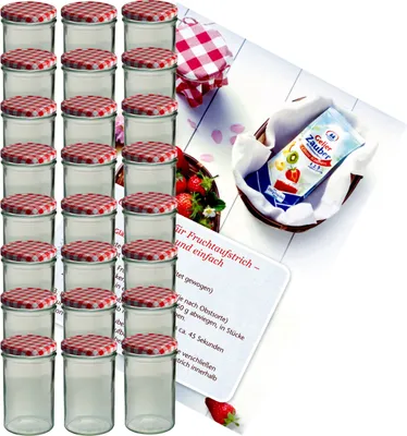 A set of glass jars with red and white checkered lids, along with a recipe booklet and a packet of gelling agent.