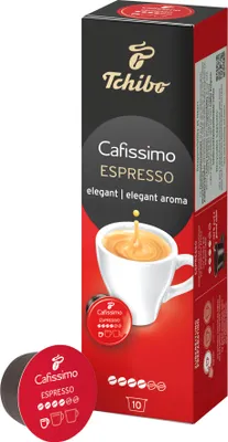A box of Tchibo Cafissimo Espresso coffee capsules, with one capsule shown in the foreground.