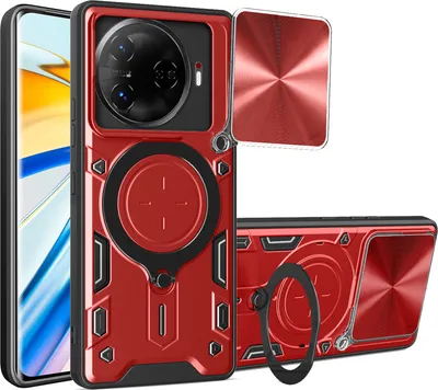 Produktbild von Handyhülle für Tecno Camon 30 Pro 5G Dual-Layer Stoßfest Rüstung Hülle mit Dia Kameraschutz und Kreisförmig Ring Ständer Rot