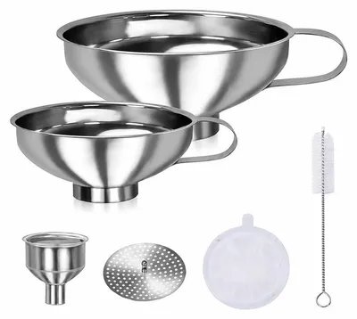 Produktbild von Einfülltrichter Set 11-teilig aus Edelstahl, Marmeladentrichter für Gläser, mit Feinsieb, Flaschentrichter und Reinigungsbürsten