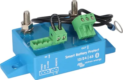 A blue Victron Energy Smart Battery Protect device with green connectors and silver terminals is shown against a white background.