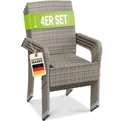 Produktbild von Juskys Polyrattan Gartenstühle Yoro 4er Set - mit Armlehnen & Rückenlehne - 4 Stühle stapelbar - Rattan Stuhl Garten - Stapelstuhl Grau-meliert