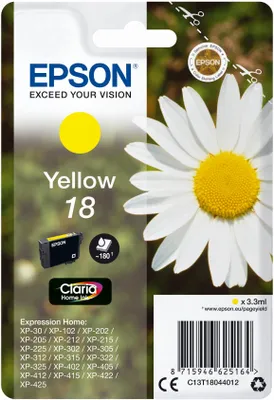 Obrázok produktu pre Epson Daisy Jednofarebný atrament Claria Home 18 sedmokráska Yellow, Žltá, Atrament na pigmentovej báze, 3,3 ml, 1 kusov, 180 strany
