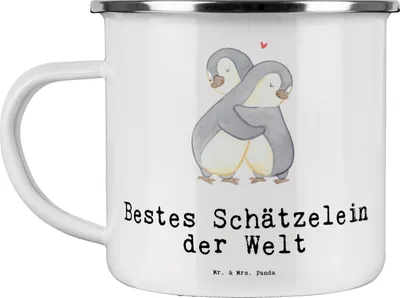 Produktbild von Mr. & Mrs. Panda Pott Pinguin Bestes Schätzelein der Welt - Weiß - Geschenk, Schatz, Hochzeitstag, Emaille Tasse, Kaffeepott, Geschenkidee, Ehefrau, becher, Frau, Mann