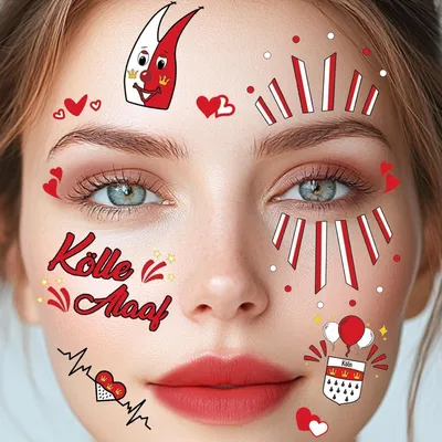 Produktbild von Karneval Gesichtstattoos 2 Blatt Kölle Alaaf Rot Weiss Herz Aufkleber für Damen Herren Kinder