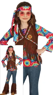 Produktbild von Hippie Kostüm Buntes Woodstock Outfit 70er Jahre Blumenkind Karneval Kinder Retro Look, Größe: 140/146 Farbe: Mehrfarbig