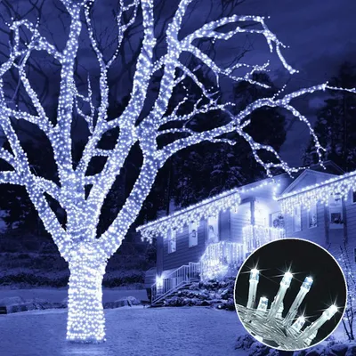A tree and a house decorated with white LED lights at night.
