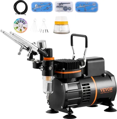 Obrázek produktu pro VEVOR airbrush set, vzduchový kompresor s dvojitým ventilátorem, profesionální airbrush systémový set se 3 airbrush kartáči, držák, kolečko na míchání barev, sada čisticích štětců, airbrush set pro umění, nehty, sušenky, make-up, K