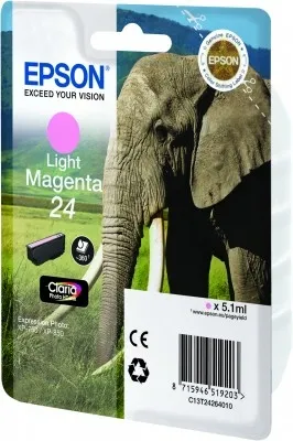 Obrázok produktu pre Epson Elephant Singlepack Light Magenta 24 Claria Photo HD Ink, Štandardná výťažnosť, Purpurová, Atrament na pigmentovej báze, 5,1 ml, 1 kusov, Balenie po jednom kuse