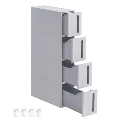 Produktbild von Nischenregal mit Rollen, Rollwagen mit 4 Schubladen, 17,3 cm breit, Badregal schmal, Rollregal, Küchenregal, PP-Kunststoff