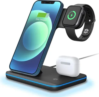 Produktbild von 15w 3 In 1 Wireless Schnellladestation Qi Ladegerät für Mobiltelefone Uhren schwarz