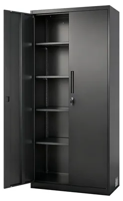Produktbild von Metall-Aufbewahrungsregal, 175 cm, abschließbarer Stahl-Gartenschrank mit 4 verstellbaren Einlegeböden, 2 magnetischen Türen, 2 Schlüsseln, 5 Ablagen zur Werkzeugaufbewahrung für Vorratskammer, Lager, Keller, Waschraum, Büro, Schwarz