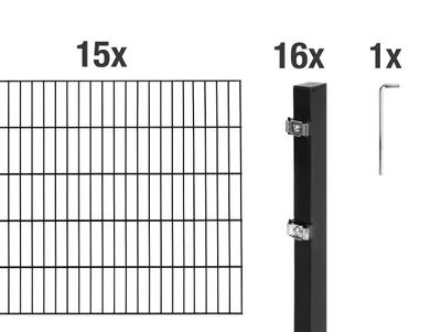 Zdjęcie produktu dla Ogrodzenie panelowe podwójne, zestaw 32 elementów, kolor: matowy czarny, wysokość: 100 cm, długość: 30 m