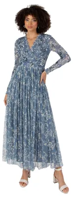 Produktbild von Anaya with Love Damen Kleid, Midaxi-Länge, V-Ausschnitt, Wickeldesign, lange Ärmel, Blumenmuster