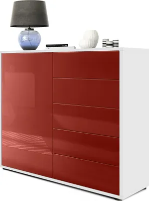 Produktbild von Vladon Sideboard Ben V2,  Germany, Kommode mit 1 Tür und 5 Schubladen, Weiß matt/Bordeaux Hochglanz (79 x 74 x 36 cm)