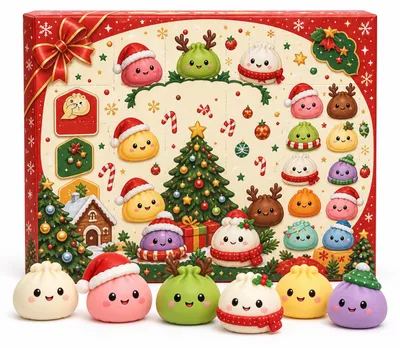Produktbild von Squishy Adventskalender 2026 aus TPR, Dumpling Weihnachtskalender für 24 Tage, 28 x 16 x 3 cm, kompakt 400 g, festlich, KI-generiertes Bild