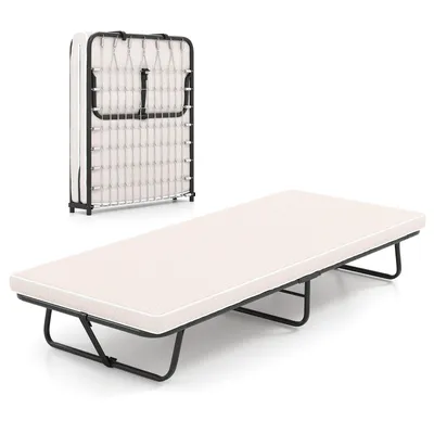 A folded guest bed and an unfolded guest bed are shown against a white background.