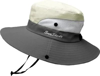 Produktbild von Damen Outdoor UV-Schutz Faltbarer Sonnenhut Netz Breite Krempe Strand Fischerhut mit Pferdeschwanzloch