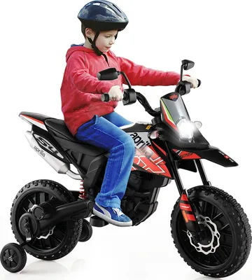 Produktbild von COSTWAY 12V Kinder Elektro Motorrad mit Stützrädern, Aprilia Kindermotorrad mit Musik und Scheinwerfer, 5,5-6 km/h, geeignet für Kinder von 3 bis 8 Jahren (Rot)