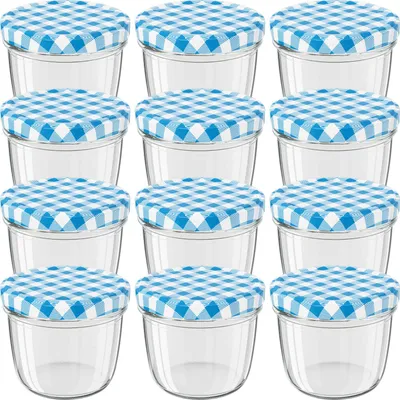 Zdjęcie produktu dla Słoiki do wekowania WELLGRO w niebieską kratkę, 230 ml, z zakrętką – 230 ml, 8,5 x 6,5 cm (Ø x wys.), szkło / metal, niebieskie pokrywki w kratkę To 82, słoiki wyprodukowane w Niemczech, do wyboru różne pojemności, ilość: 12 sztuk