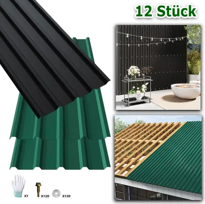 Obrázek produktu pro LARS360 trapézové plechy 12 kusů 115×45 cm - Robustní černé střešní panely z pozinkované oceli - Vlnité plechy odolné proti povětrnostním vlivům s montážní sadou - Pro garáže, zahradní přístřešky a zastřešení