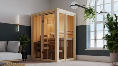 Produktbild von Karibu Sauna Innensauna Irava 1 Fronteinstieg Ofen 3,6 kW intgr. Strg 155x122x198 cm ohne Dachkranz