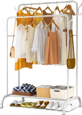 Produktbild von VOUNOT® Doppelt Kleiderständer, Metall Kleiderstange Garderobenständer mit Schuhregal und 4 seitlichen Haken 110x58x150cm Weiß