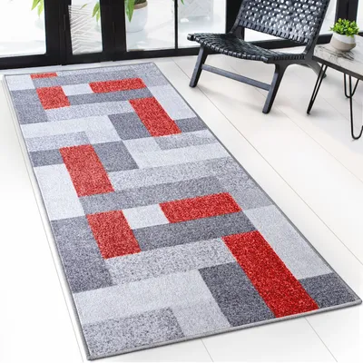 Produktbild von Teppich-Läufer auf Maß New York Graues Design mit Farbakzenten in Rot 80 x 200 cm