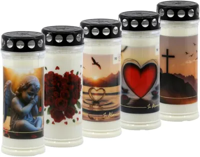Produktbild von ​HORECA CANDLES Grabkerzen 7 Tage Brenndauer – 5er Set Weiß mit Deckel – Trauerkerzen mit Motiv