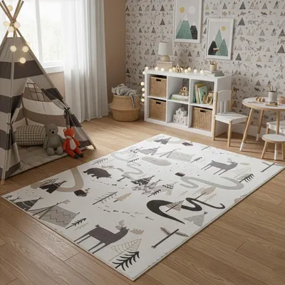 Produktbild von Carpetsale24 Kinderteppich Wald Tiere Spielteppich für Kinderzimmer in Creme mit Natur und Tier Motiv Größe 140x200 cm für großzügige Spielflächen