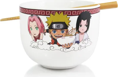 A white ramen bowl with Naruto characters and chopsticks resting on top, set against a white background.