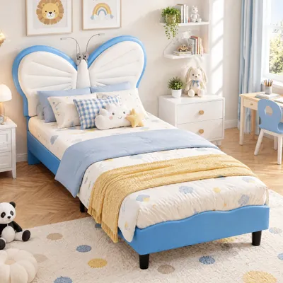 Imagen del producto de Cama infantil INONEFT de 90x200 cm con iluminación LED, cama con cabecero ajustable para niñas, diseño de mariposa, cama individual, color azul