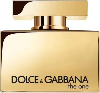 A close-up studio shot of a gold Dolce & Gabbana perfume bottle.