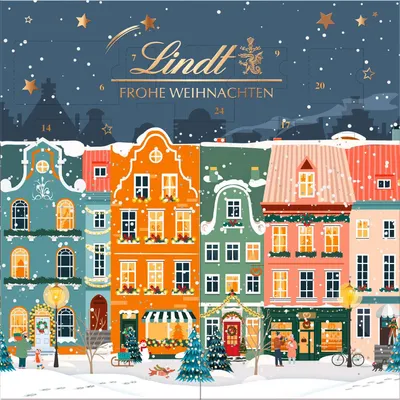 Zdjęcie produktu dla Kalendarz adwentowy Lindt z motywem zimowych domków ilustrowany zimowy świat 153g