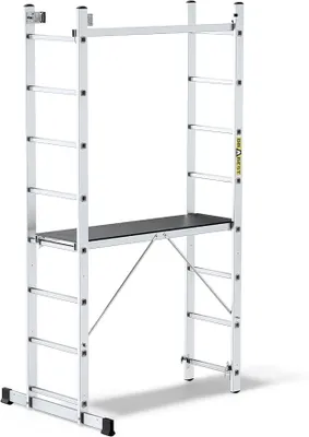 Imagen del producto de Silecomplaza - Andamio multifunción 3 en 1 - Escalera de peldaños, escalera de tijera, andamio - Aluminio - 2,14 m de largo - Altura de trabajo: 2,97 m - 2 x 8 peldaños - Plataforma de trabajo: 46x214x14 cm - Capacidad máxima: 150 kg