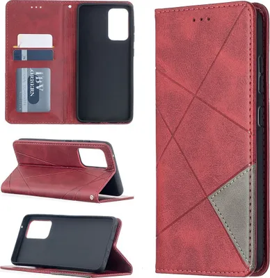 A collage of images showing a red flip phone case for a Samsung Galaxy A52.