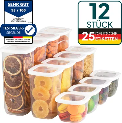 Produktbild von uandu Vorratsbehälter, Mix-Weiß, Luftdicht, BPA-frei, Mehlaufbewahrung, 12er Set (4x 1750ml, 4x 1200ml, 4x 550ml), Polypropylen, Durchsichtig, mikrowellengeeignet, tiefkühlgeeignet, spülmaschinengeeignet, lebensmittelecht, unzerbrechlich, laborgetestet