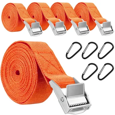 Image de 5 sangles de tensionnement, 25 mm x 1,5 m, avec mousqueton, couleur orange, capacité de charge de 200 kg